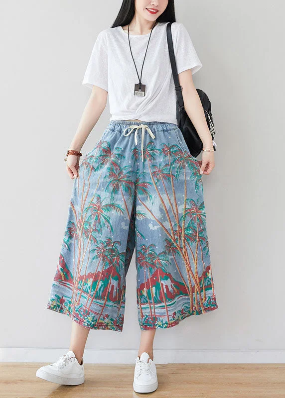Weekend Deals That Wow Loose Denim Blue Elastic Waist Print Cotton Wide Leg Pants Spring Weekend Deals That Wow Loose Denim Blue Elastic Waist Print Cotton Wide Leg Pants Spring
