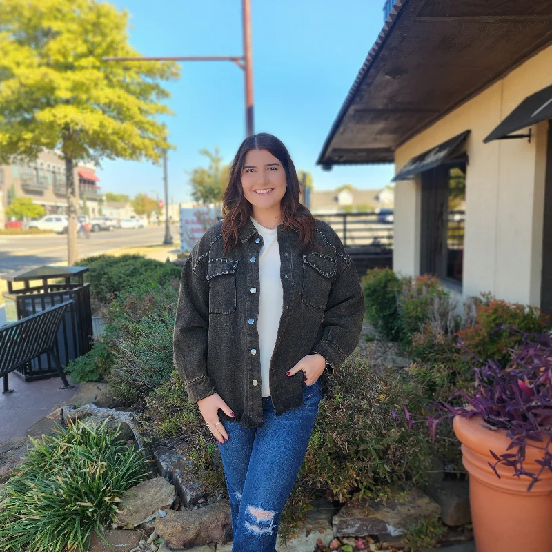 Don't Wait Black Washed Studed Western Denim Jacket