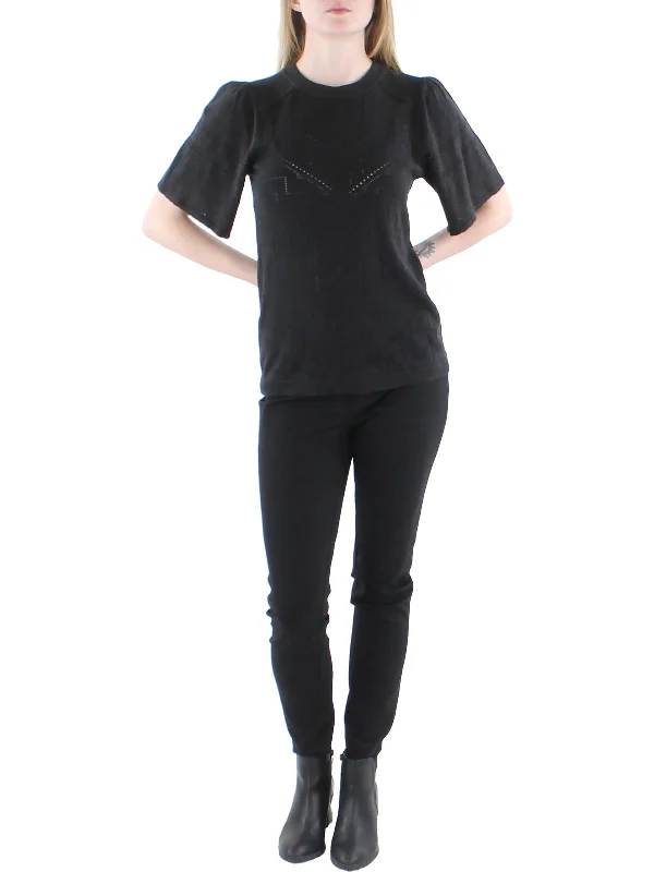Deal Dash Womens Pointelle Scalloped Sleeves Pullover Sweater