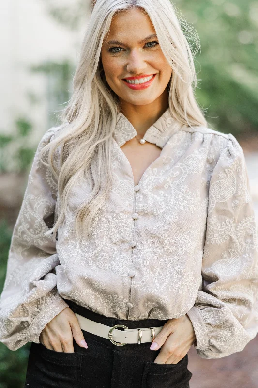 While Supplies Last In Your Feelings Taupe Embroidered Paisley Blouse