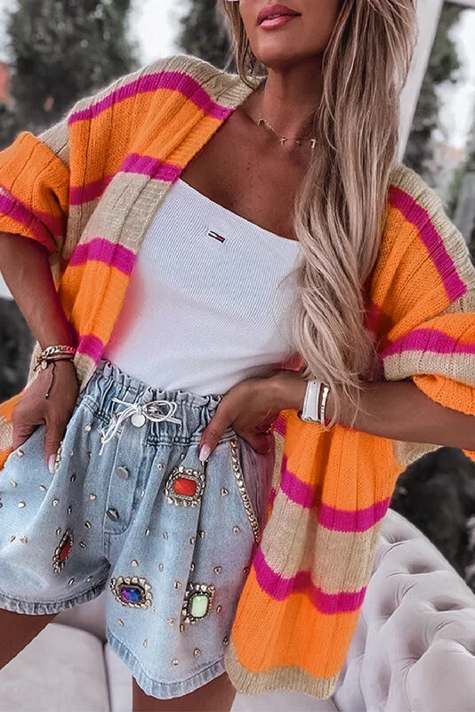 Best Choice Orange Stripe Print Ribbed Knit Sweater Cardigan