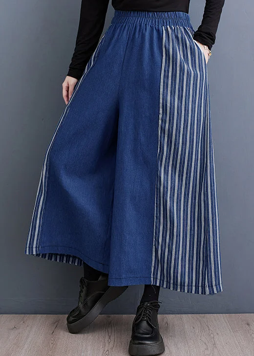 The Best Prices Loose Blue Striped Elastic Waist Denim Wide Leg Pants Fall