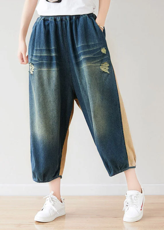 Weekend Deals That Spark Yellow Patchwork Cotton Pants Ripped Elastic Waist Spring