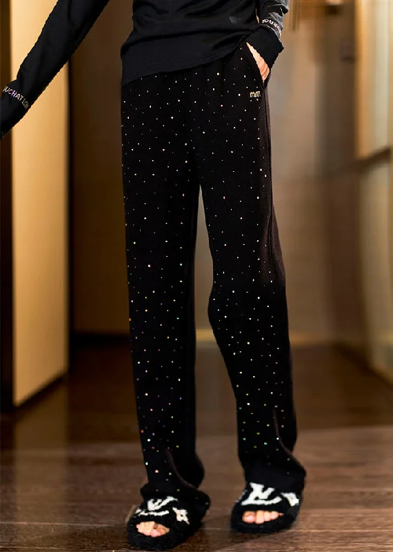 Unbeatable Deal New Black Zircon Pockets Elastic Waist Cotton Pants Spring
