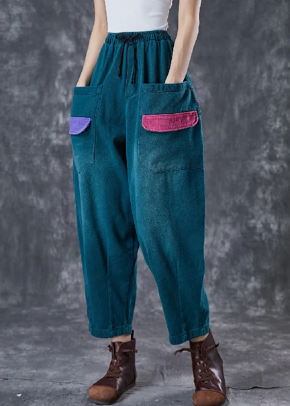 Year-End Clearance Bohemian Green Oversized Patchwork Pockets Cotton Harem Pants Spring