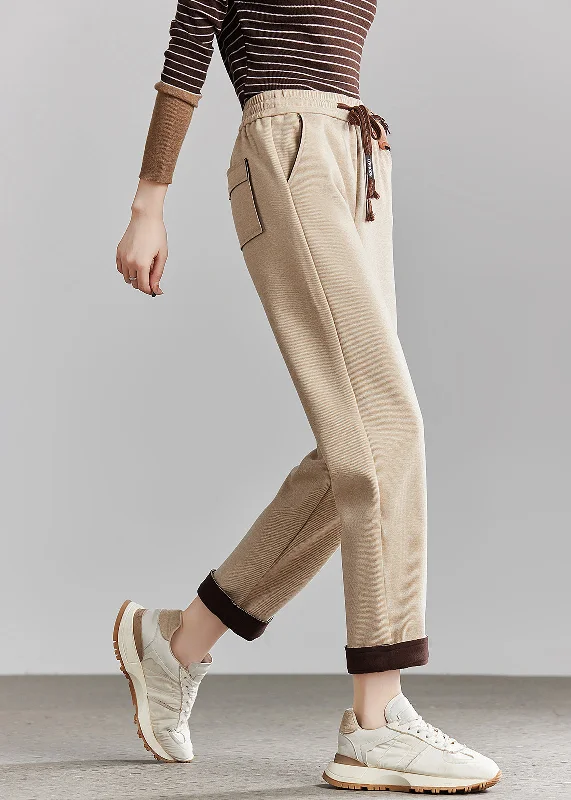 Weekend Bargains Await You French Beige Elastic Waist Pockets Cotton Crop Pants Spring