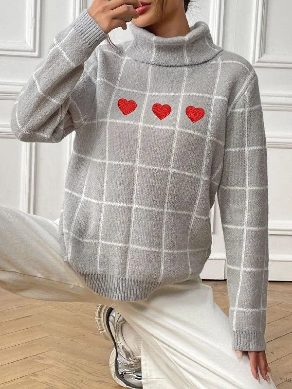 Exclusive Offers Heart Plaid Turtleneck Long Sleeve Sweater