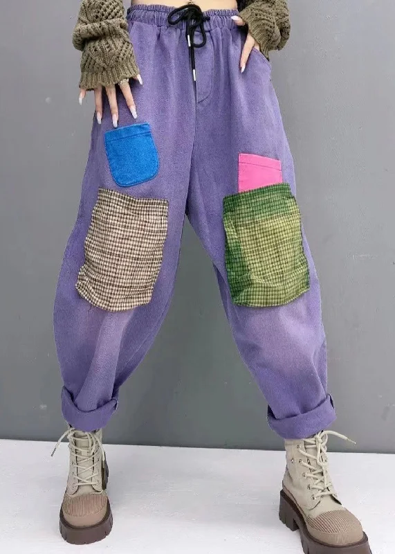 Super Sale Style Purple Pockets Elastic Waist Patchwork Denim Pants Fall