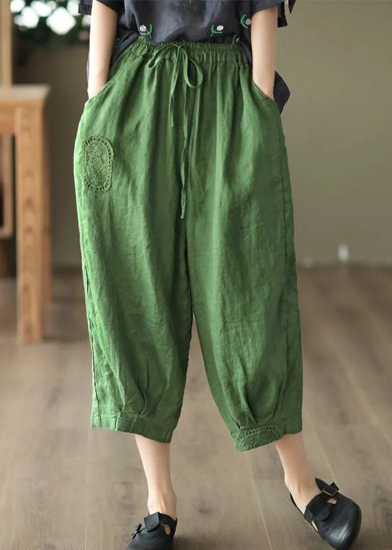 Customer Appreciation Sale Green Pockets Linen Crop Pants Embroideried Summer