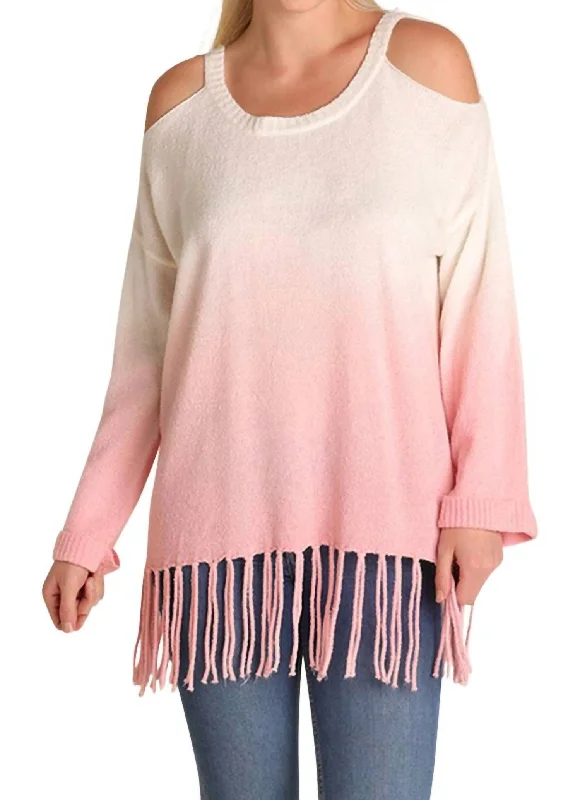 Huge Discounts Ombre Cold Shoulder Fringe Sweater - Plus In Rose