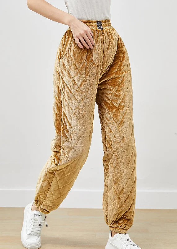 Overstock Clearance Khaki Fine Cotton Filled Silk Velour Pants Elastic Waist Winter