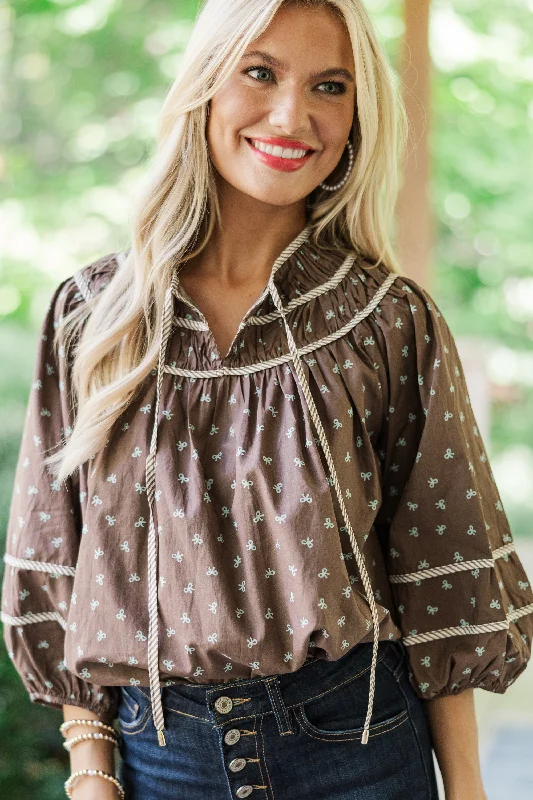 Time-Limited Offer Can't Lose You Brown Bow Print Blouse