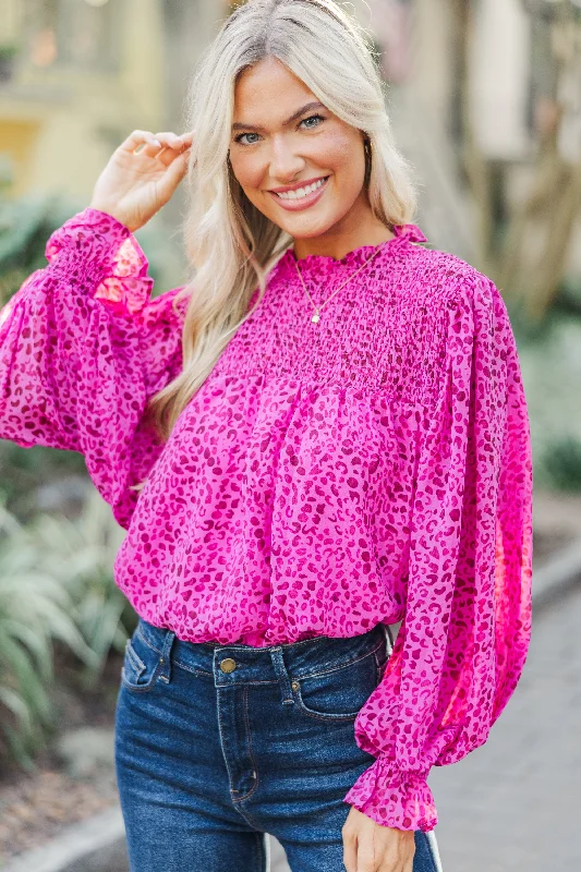 Weekend Bargains to Savor Check You Out Magenta Purple Leopard Blouse
