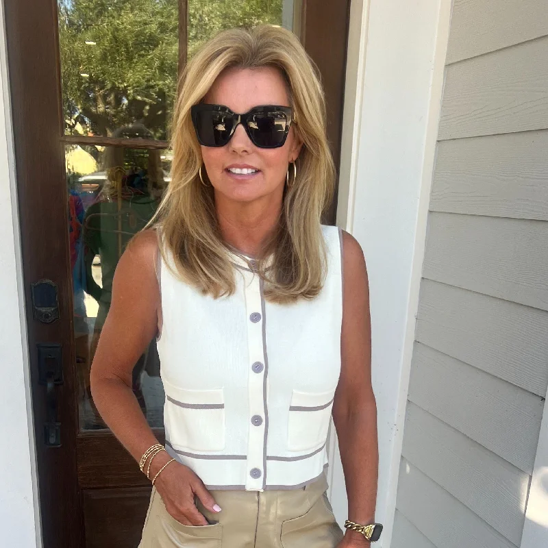 Special Buy Kyra Sweater Vest | Off White with Mocha Trim