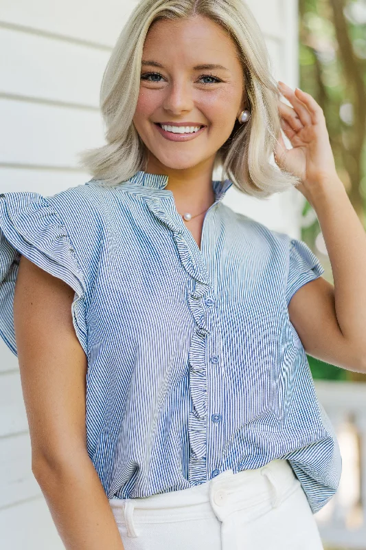 Exclusive Offers Sweet Southern Nights Navy Blue Pin Striped Blouse