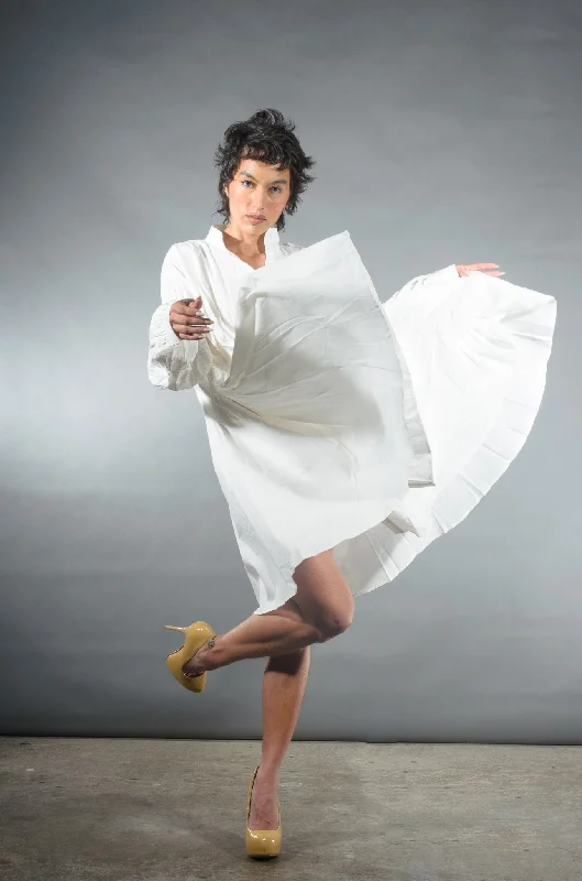 Weekend Specials to Cherish Hotaru Hedges Long Sleeve Pleated Cotton Shirt Dress in White | Marigold Shadows