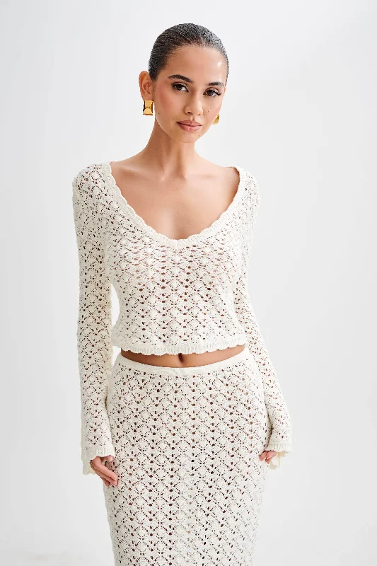 Blowout Sale Anais Scalloped Long Sleeve Knit Top - Ivory