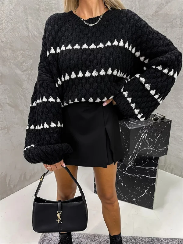 Year-End Sale Contrast Round Neck Long Sleeve Sweater