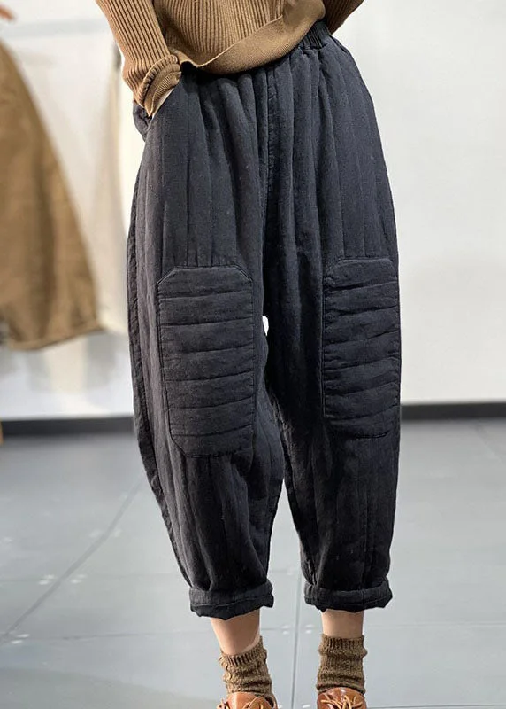 Super Discount Vintage Black Pockets Elastic Waist Thick Warm Harem Pants Winter