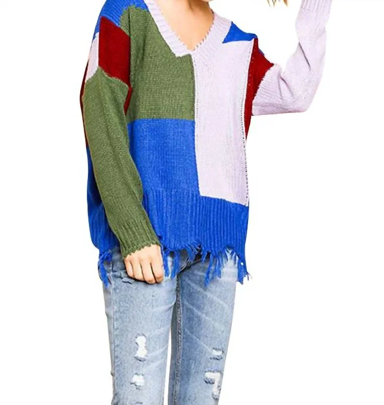 Members Only Color Block Frayed Hem Sweater In Olive/lavender