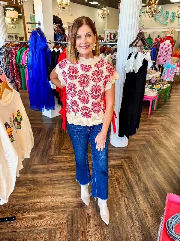 Lowest Rates Scalloped Flower Tie Sweater: Red