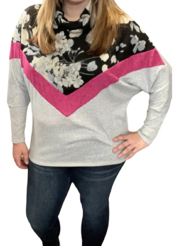 Weekend Discounts to Grab Floral Chevron Cowlneck Sweater In Black/grey