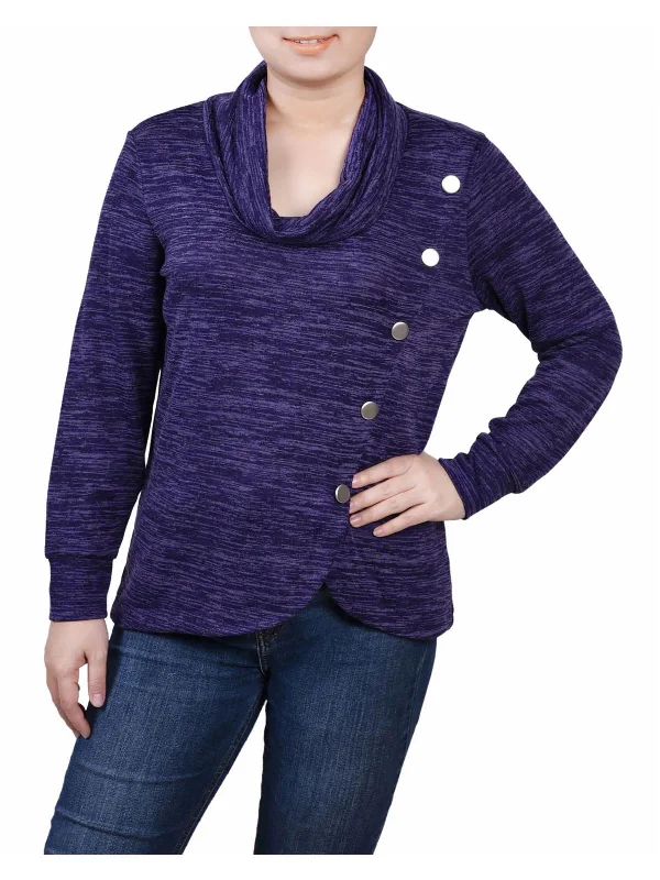 Early Bird Petites Womens Overlap Cowl Neck Button-Up