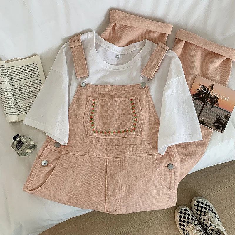 Shop and Save Daisy Chain Embroidered Denim Overalls (Pink)