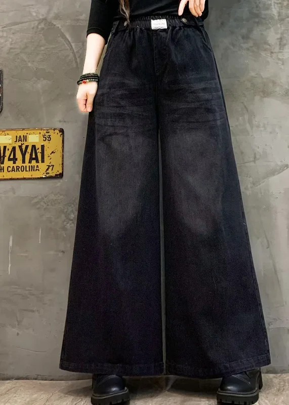 Final Offer Loose Black Pockets Elastic Waist Denim Wide Leg Pants Fall