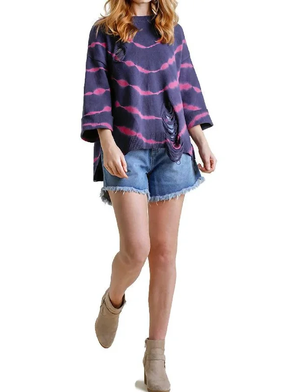 Season Finale Sale Distressed Tie Dye Sweater In Navy/fuchsia