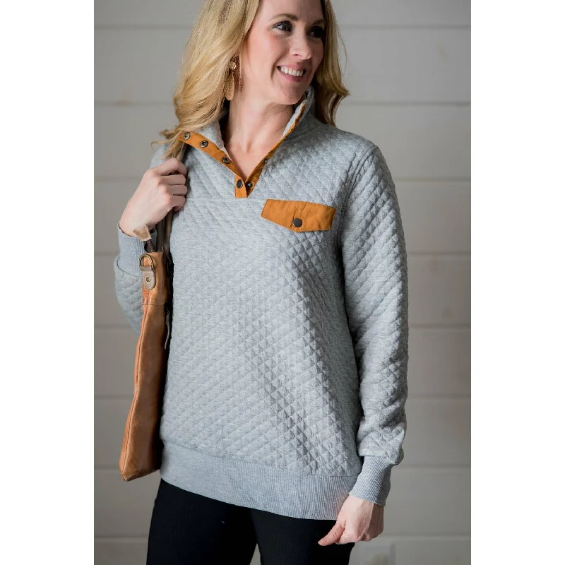 Steals and Deals Quilted Button Accent Pullover - Cognac