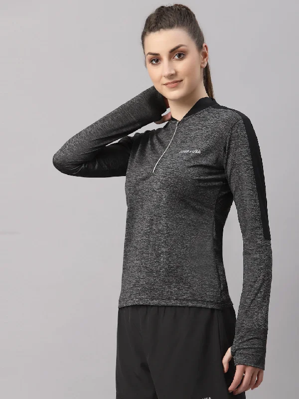 Take Advantage JUMP USA Lifestyle Women Dark Anthra & Black Polyster Stand Collor T-Shirt