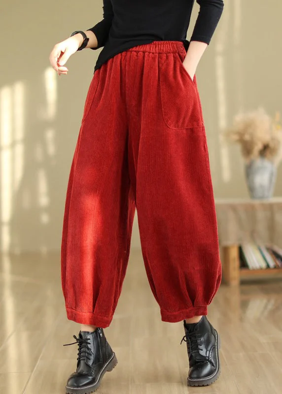 Special Price French Red Pockets Elastic Waist Corduroy Crop Pants Fall