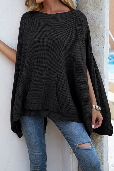 Steals and Deals Waffle-Knit Pocketed Cape Sleeve Sweater