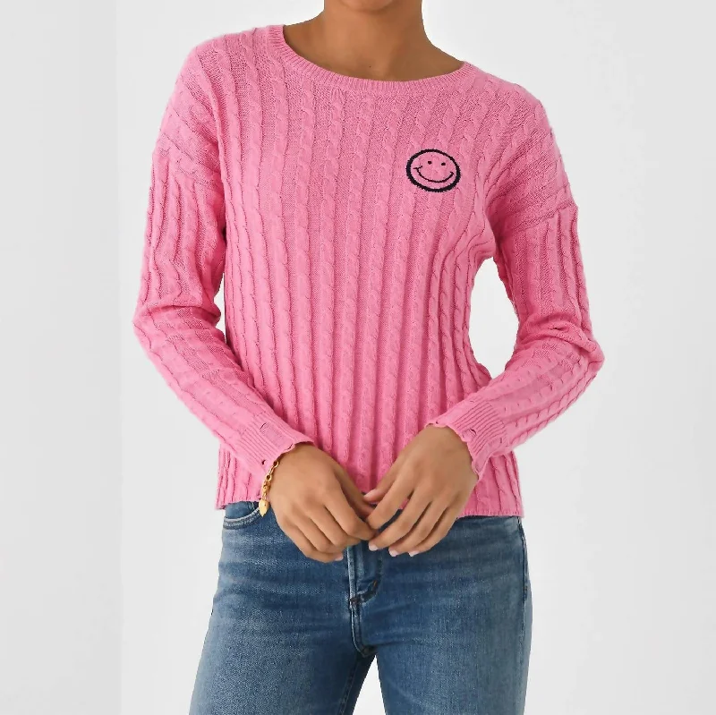 Savings Galore Cable Varsity Smiley Crew Sweater In Malibu/navy