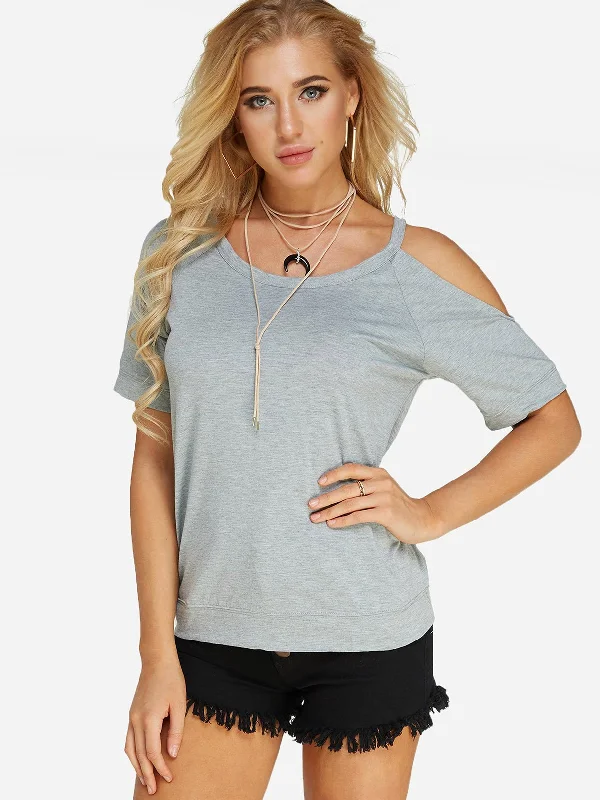 Weekend Deals That Sizzle Wholesale Round Neck Plain Cut Out Short Sleeve Grey Top