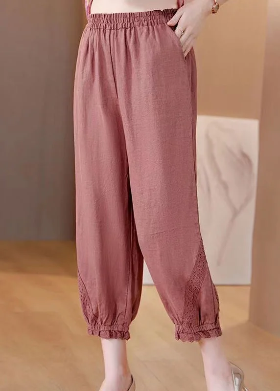 Massive Savings Loose Pink Pockets Lace Patchwork Elastic Waist Linen Crop Pants Summer