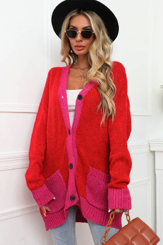 Value Deals Contrast Detail Button-Up Cardigan with Pockets