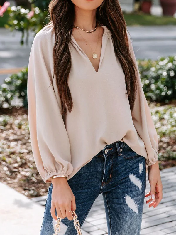 Bonus Savings Notched Neck Long Sleeve Blouse