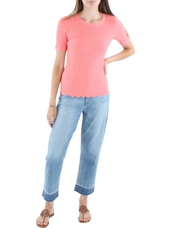 Price Cut Womens Scalloped Short Sleeve Pullover Sweater