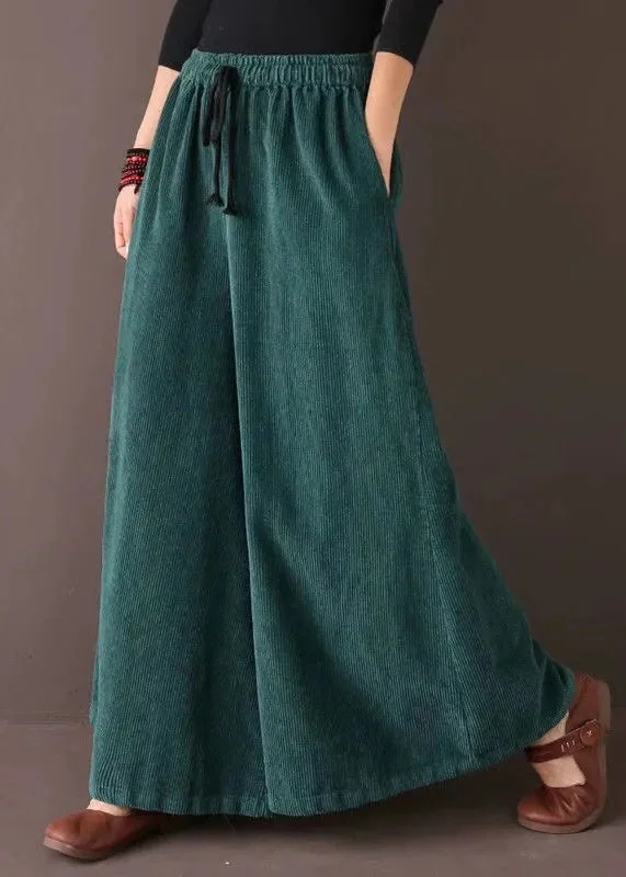 Limited Availability Loose Blackish Green Pockets Patchwork Corduroy Wide Leg Pants Fall