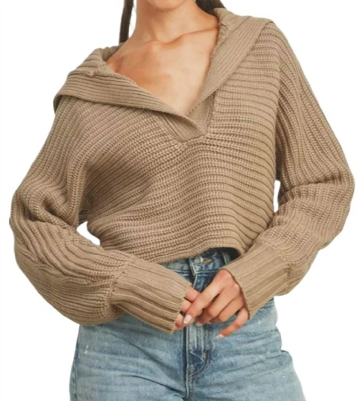 Weekend Specials to Cherish Drama Collar V Neck Sweater In Taupe