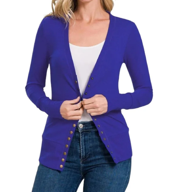 Limited Quantity Torie Ribbed Detail Snap Button Cardigan In Bright Blue