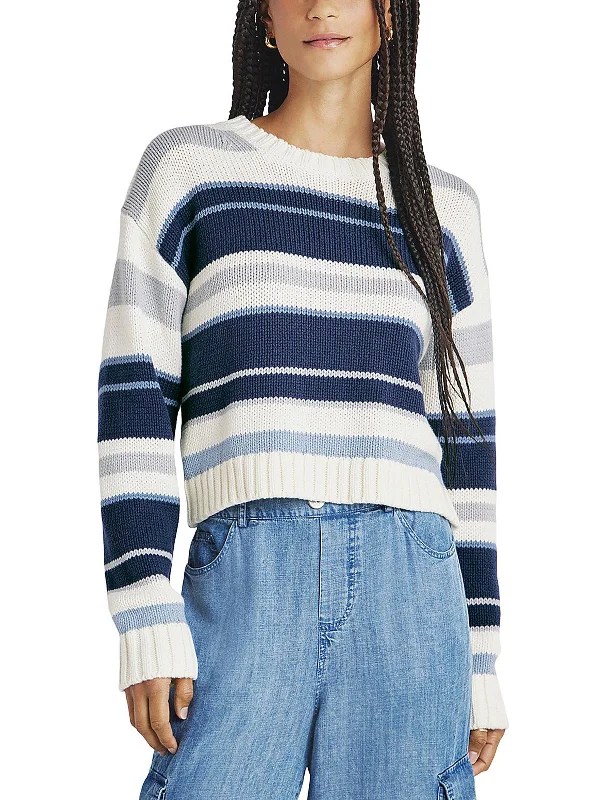 Super Sale Womens Ribbed Trim Striped Crewneck Sweater