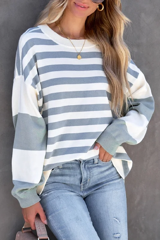 Incredible Offers Blue Striped Casual Drop Shoulder Pullover Sweatshirt