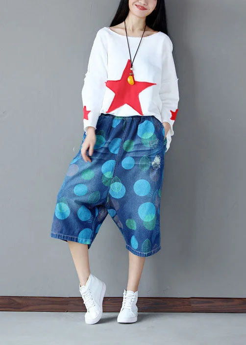 Weekend Specials to Delight Boho Blue Elastic Waist Dot Print Cotton Wide Leg Crop Pants Summer