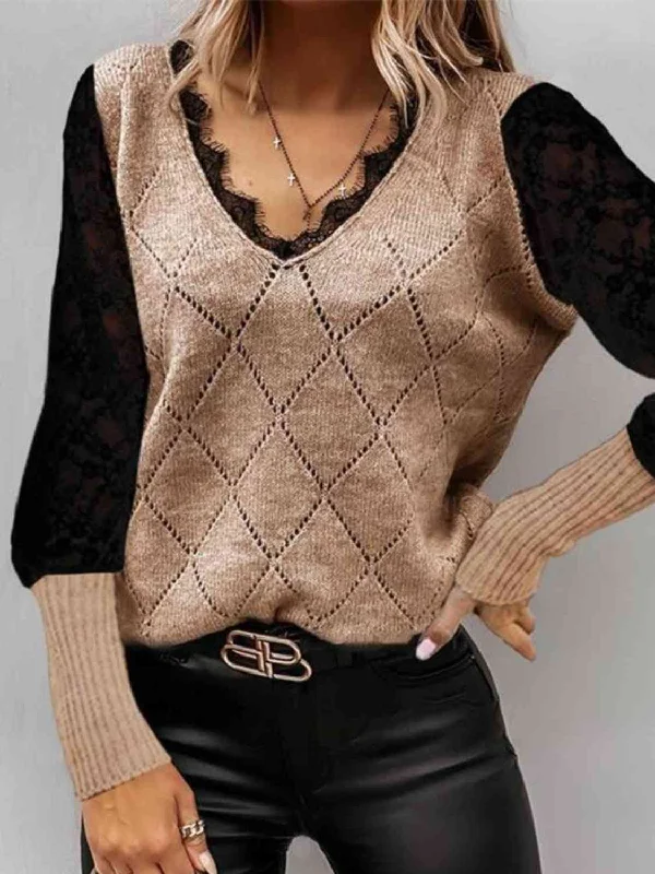 Instant Deal Lace Decor V Neck Two Tone Sweater