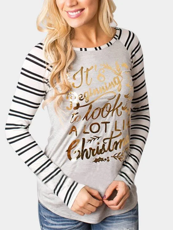 Extra Savings Wholesale Round Neck Stripe Letter Long Sleeve Bodycon Hem Top