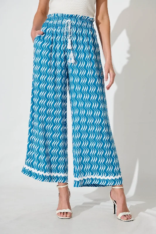 Weekend Offers That Tempt Maya Pant In Blue And White Print With Ric Rac Trim