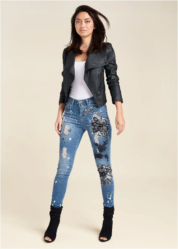 Huge Discounts Floral Applique Skinny Jeans - Medium Wash
